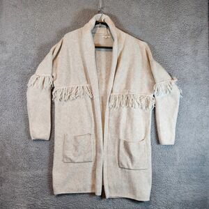 Kate & Sam Cardigan Open Front Sweater Womens Large Beige Fringe Pockets‎ Long